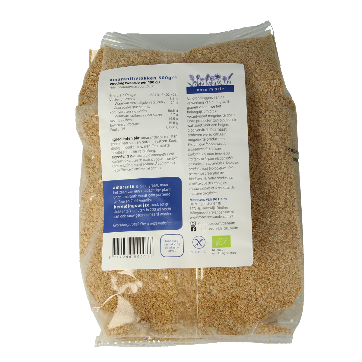 De Halm bio amaranthvlokken ontbijtgranen in 500g package, showing light, crunchy amaranth flakes in a clear bowl