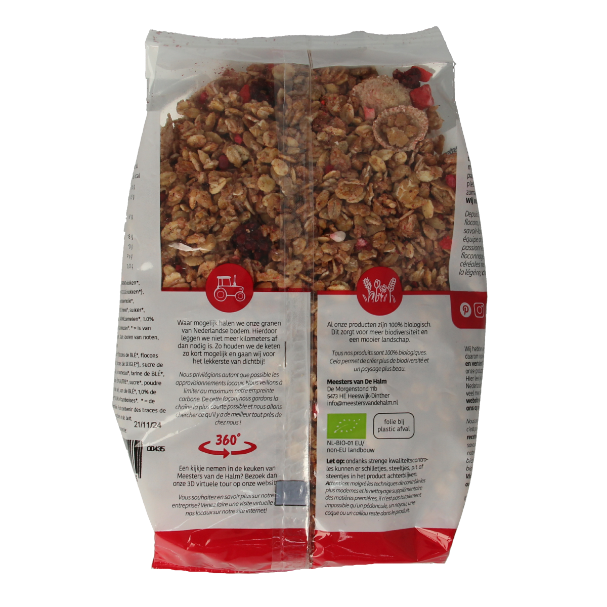 De Halm bio muesli krokant bosvruchten in een 500g verpakking, ontbijtgranen met krokante textuur en bosvruchten.