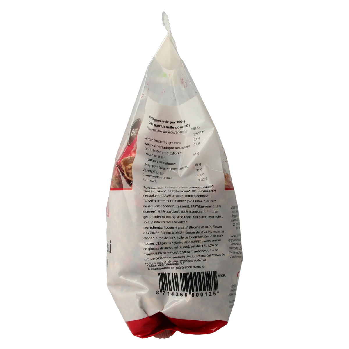 De Halm bio muesli krokant bosvruchten ontbijtgranen in 500g, featuring crunchy textures and dried forest fruits.