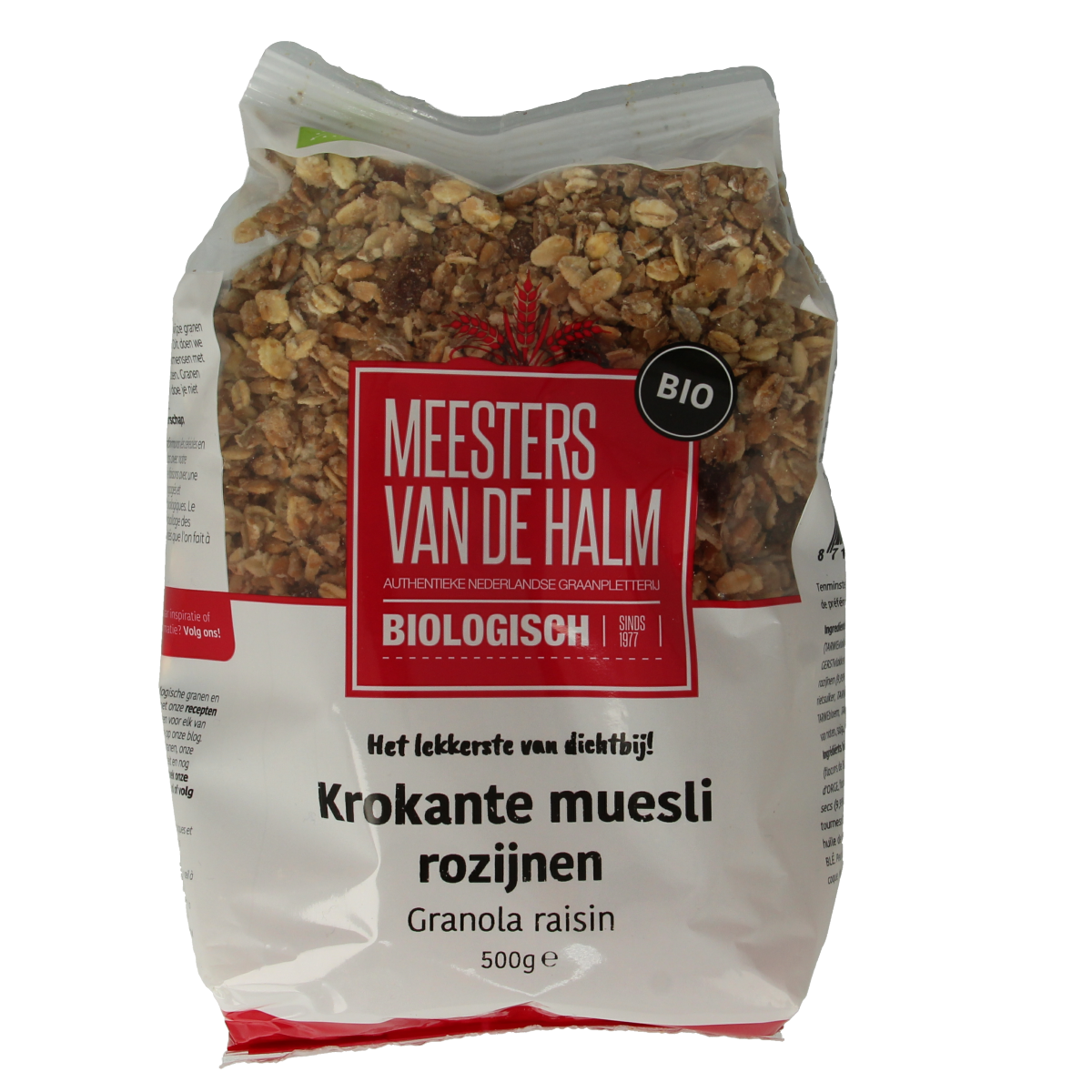 De Halm krokante bio rozijn muesli ontbijtgranen in 500g pack, showing a bowl of crunchy cereal with raisins.