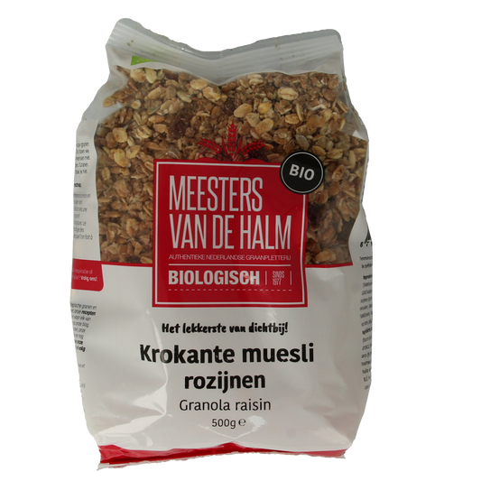 De Halm krokante bio rozijn muesli ontbijtgranen in 500g pack, showing a bowl of crunchy cereal with raisins.