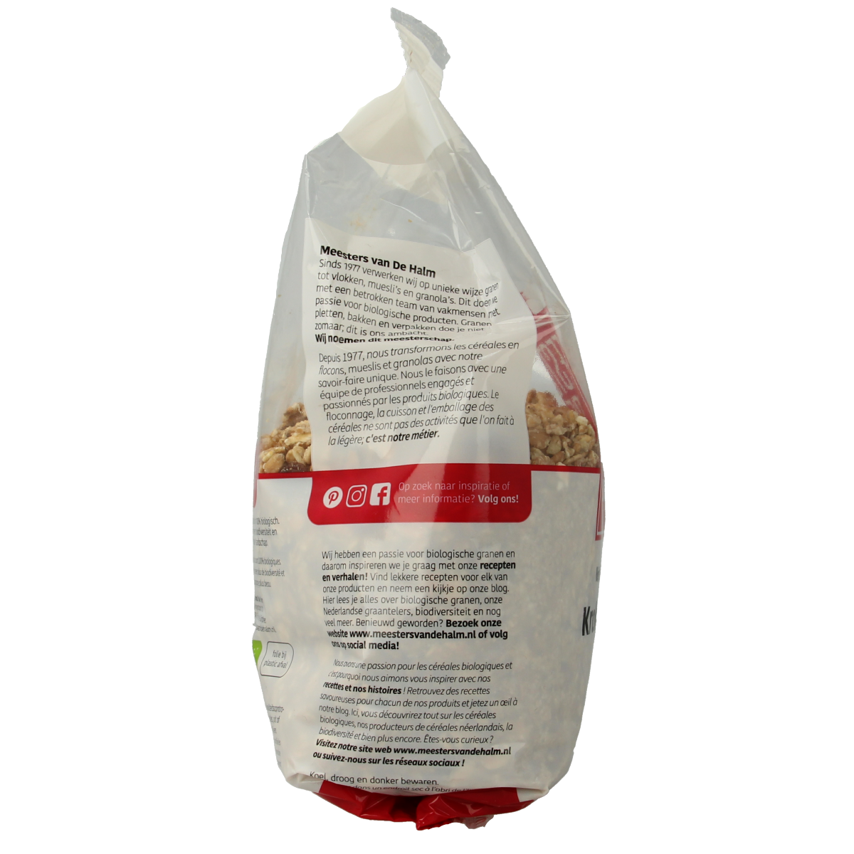 De Halm krokante biologische rozijnen muesli in 500g, crunchy breakfast cereal with raisins and whole grains.