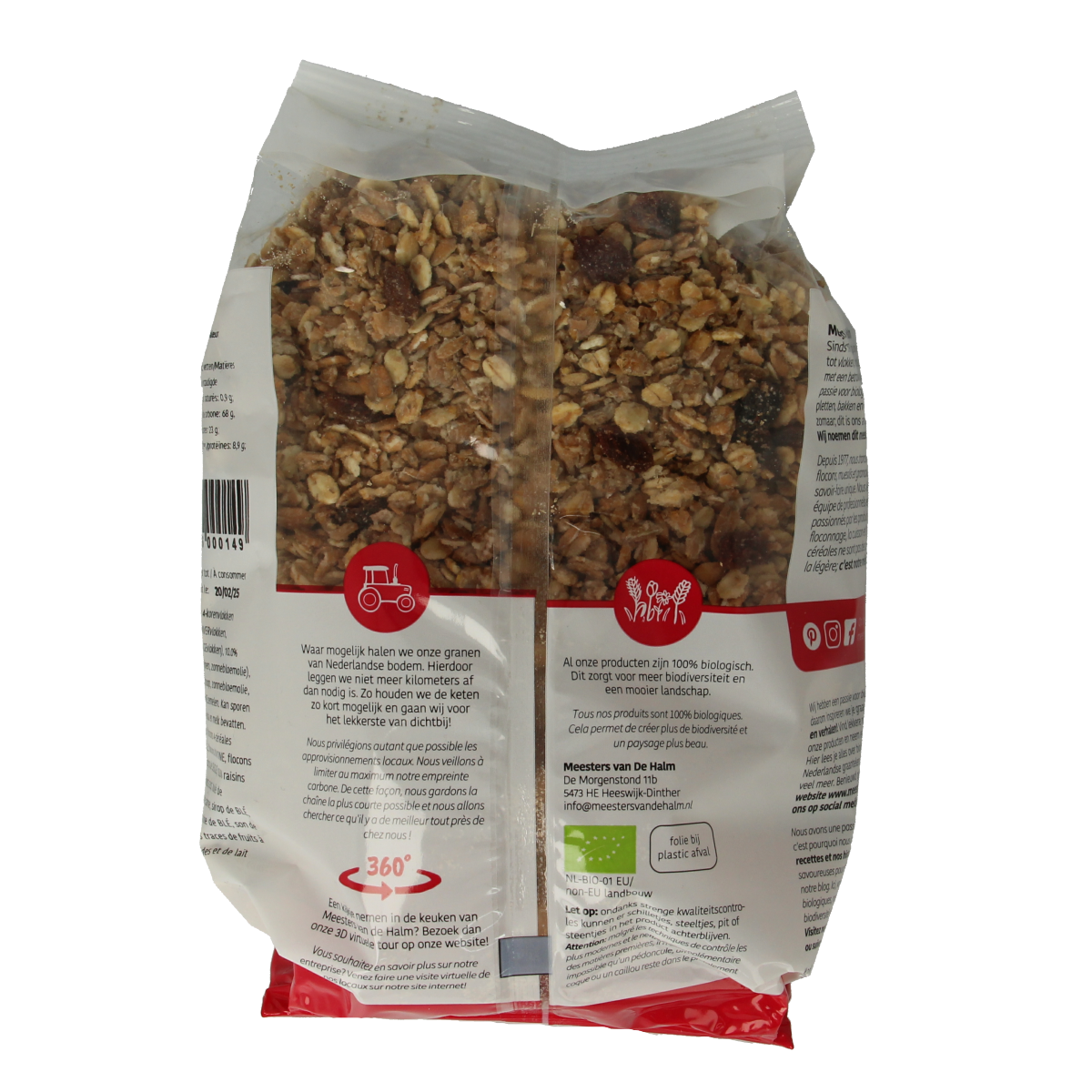 De Halm krokante bio rozijn muesli ontbijtgranen in 500g package, featuring crunchy cereal with raisins and whole grains.