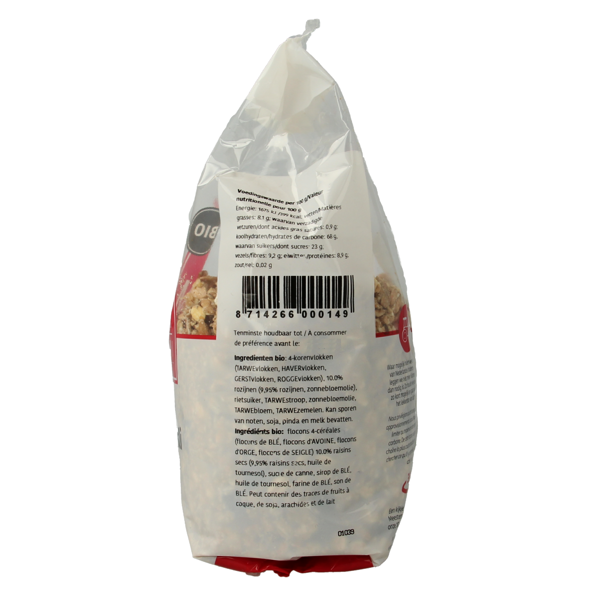 De Halm krokante bio muesli met rozijnen, 500g ontbijtgranen in een kom met muesli en rozijnen.