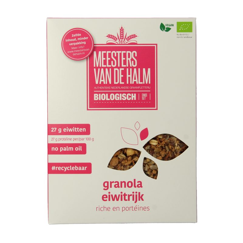 De Halm eiwitrijk bio granola ontbijtgranen in 350 gram verpakking, visible with clusters and organic ingredients.