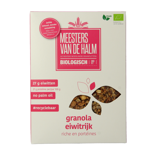 De Halm eiwitrijk bio granola ontbijtgranen in 350 gram verpakking, visible with clusters and organic ingredients.