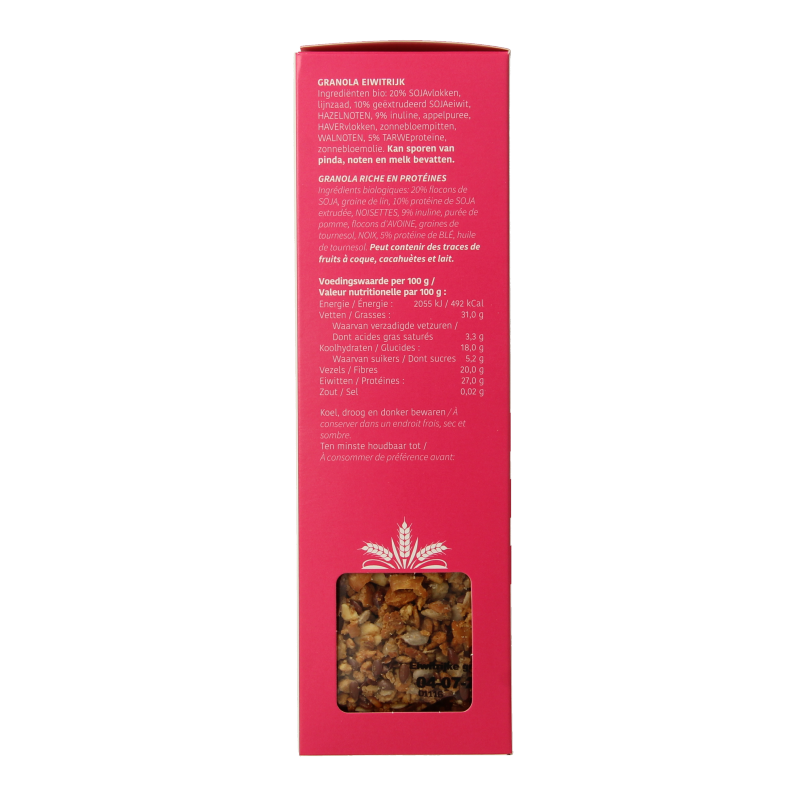 De Halm eiwitrijke biologische ontbijtgranen granola in 350g verpakking, showcasing the crunchy granola with visible grains and nuts.