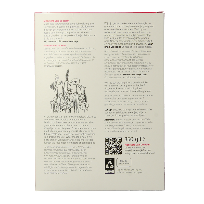 De Halm bio granola met eiwitten in een 350 gram verpakking, ontbijtgranen met natuurlijke ingrediënten.