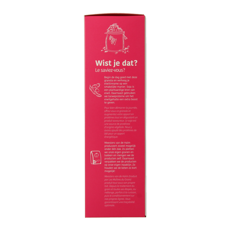 De Halm biologische eiwitrijke granola ontbijtgranen in 350g verpakking, with crunchy oats and seeds in a resealable bag.