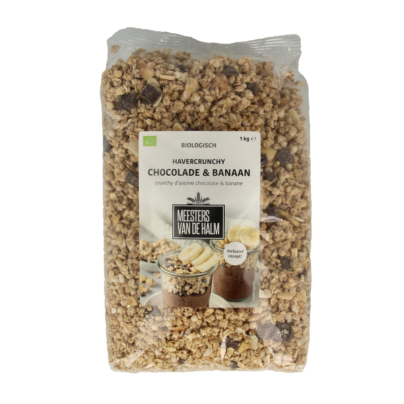 De Halm crunchy havergranola met chocolade en banaan in een grote verpakking, ontbijtgranen in een kleurrijk blik.