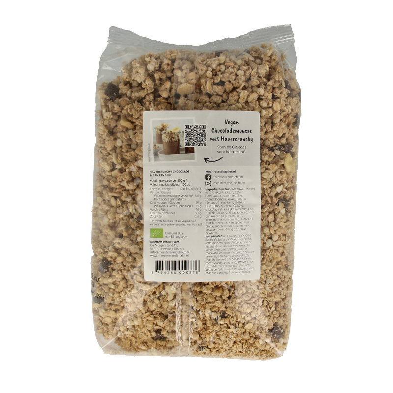 De Halm crunchy havergranola met chocolade en banaan in een grote verpakking, ideaal voor ontbijt, biologische ontbijtgranen.