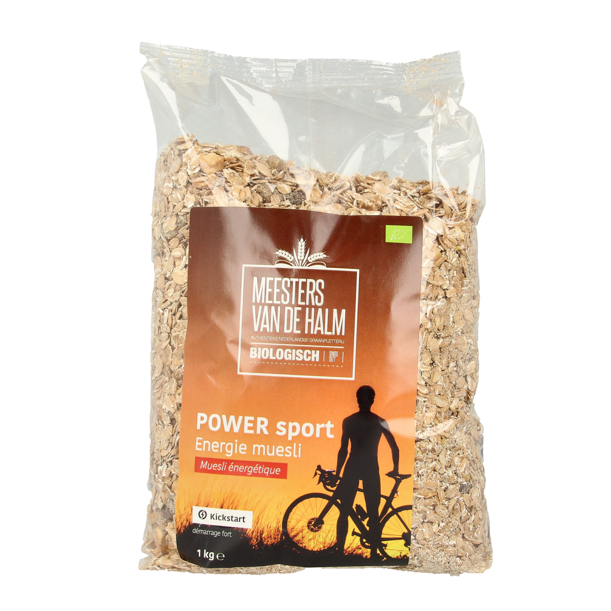 De Halm bio energy muesli sport ontbijtgranen in 1 kg bag, packed with natural ingredients for a healthy breakfast option.