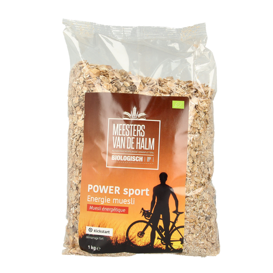 De Halm bio energy muesli sport ontbijtgranen in 1 kg bag, packed with natural ingredients for a healthy breakfast option.