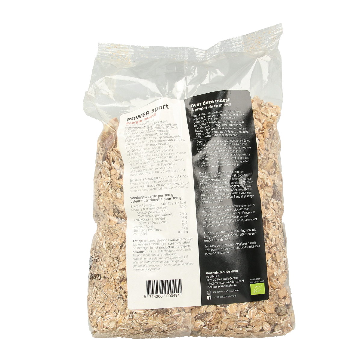 De Halm bio energiemuesli sport ontbijtgranen in 1 kg package, packed with whole grains and nuts for a healthy breakfast.