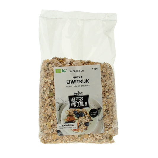 De Halm Muesli eiwitrijk herstel ontbijtgranen in 1 kg verpakking, bio, met gezonde ingrediënten voor sportherstel
