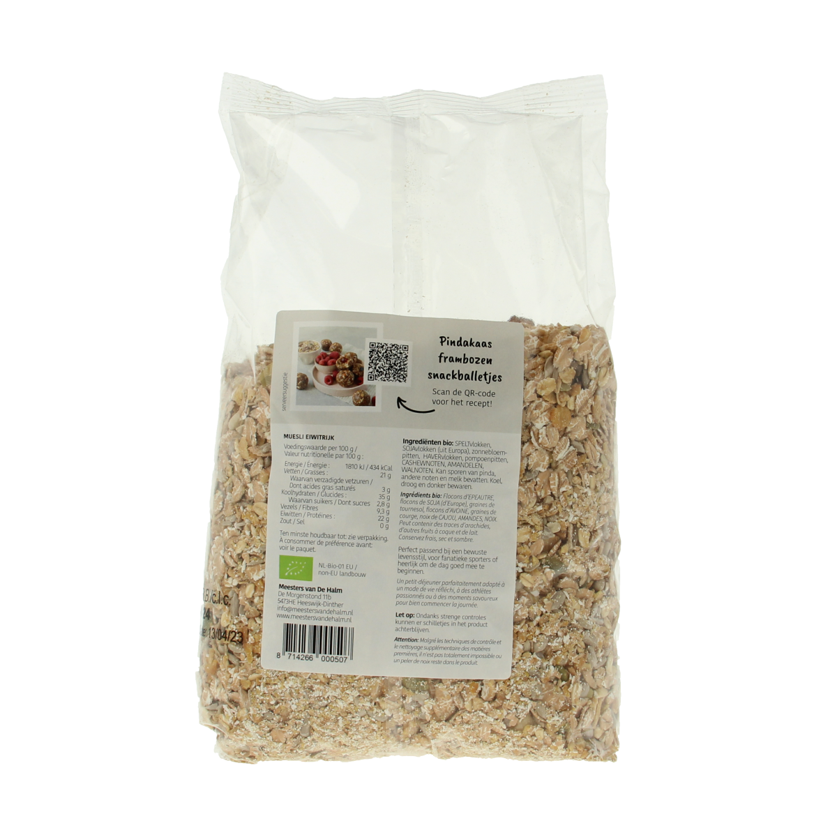 De Halm eiwitrijk muesli ontbijtgranenset in 1 kg verpakking, perfect for post-sport herstel, bio en voedzaam