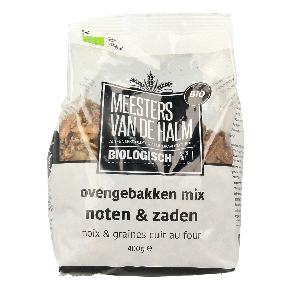 De Halm bio ovengebakken noten en zaden ontbijtgranen, 400g, with mixed nuts and seeds in a clear bowl.
