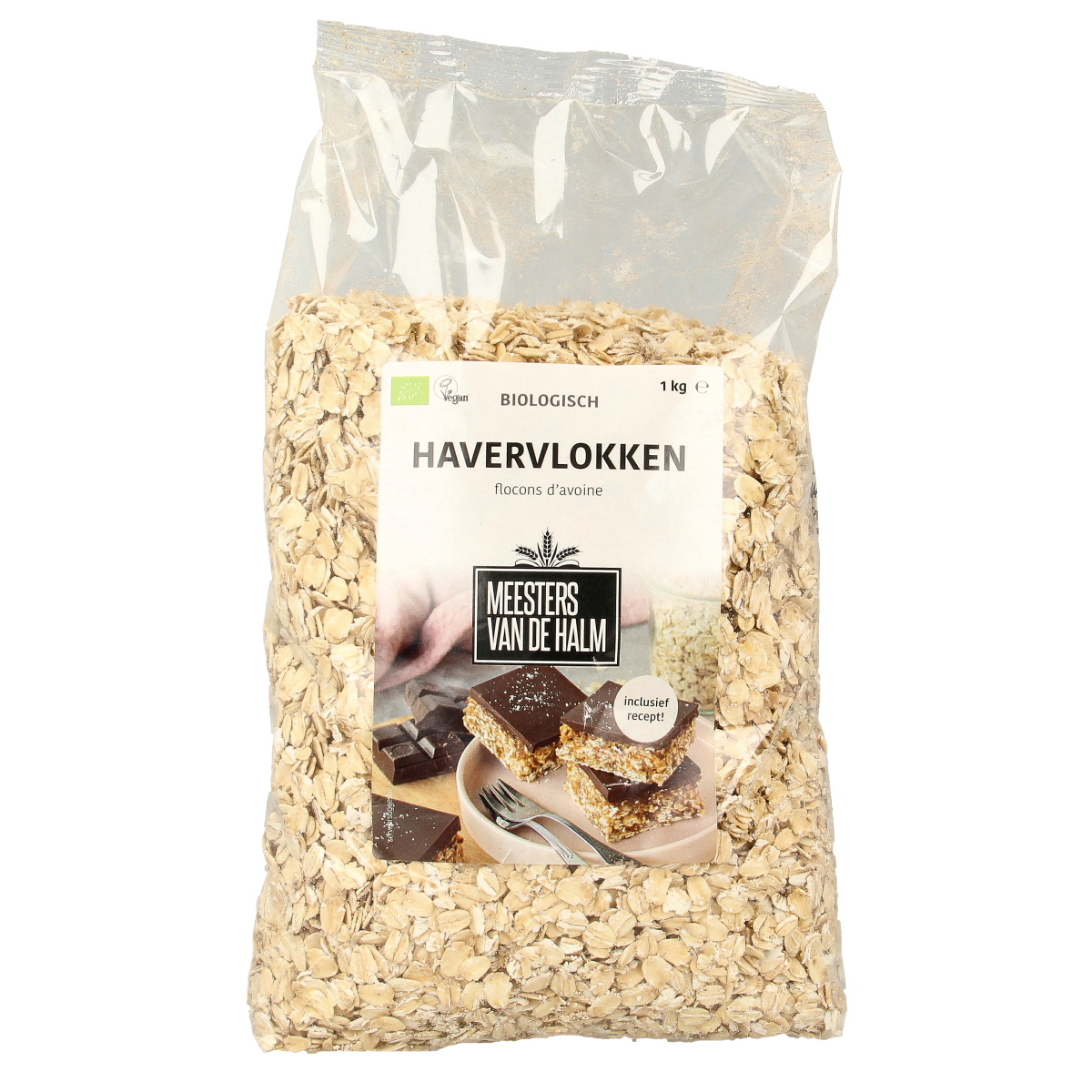 De Halm biologische havervlokken ontbijtgranen in 1 kg package, close-up of the oat flakes in a clear bowl