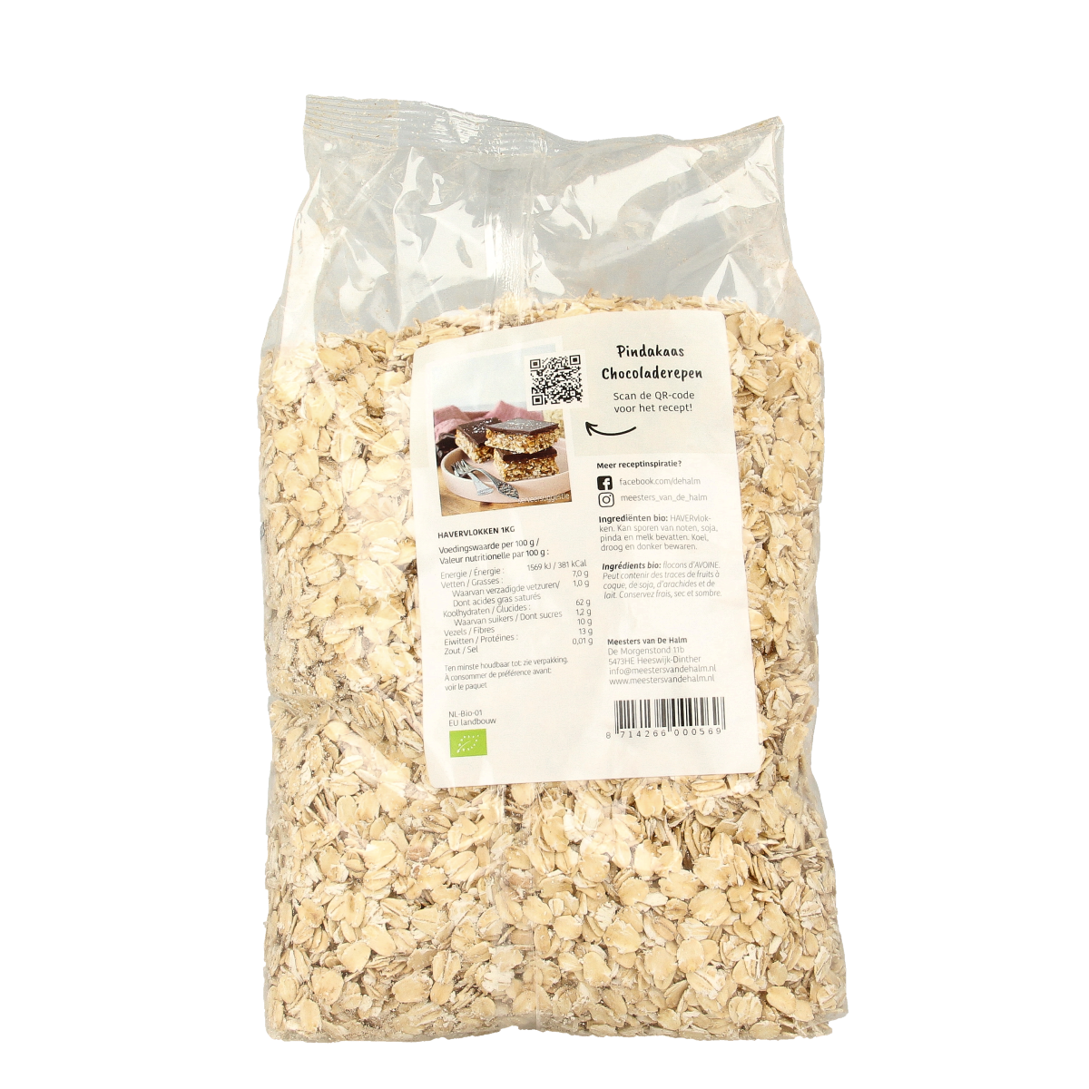 Organic De Halm oat flakes in a 1kg package, natural whole grain breakfast cereal, shown in a resealable bag.