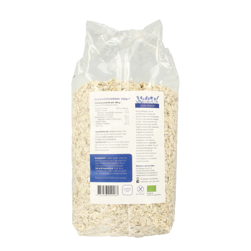 De Halm glutenvrije boekweitvlokken in 750g verpakking, used as healthy baking mix or gluten-free grain option.