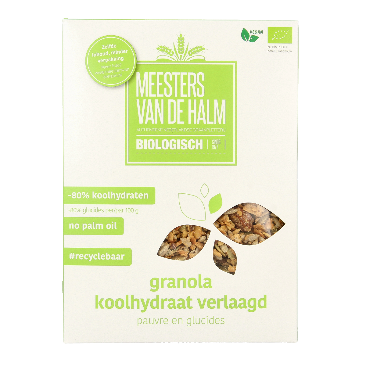 De Halm bio granola met koolhydraatverlaagd ontbijtgranen in een open kom, close-up van de 350g verpakking.
