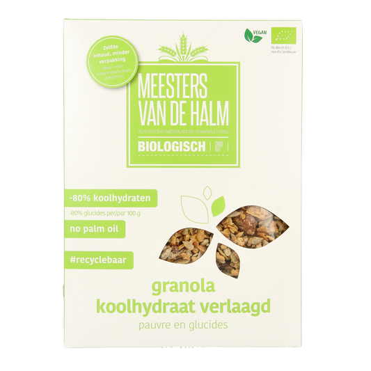 De Halm bio granola met koolhydraatverlaagd ontbijtgranen in een open kom, close-up van de 350g verpakking.
