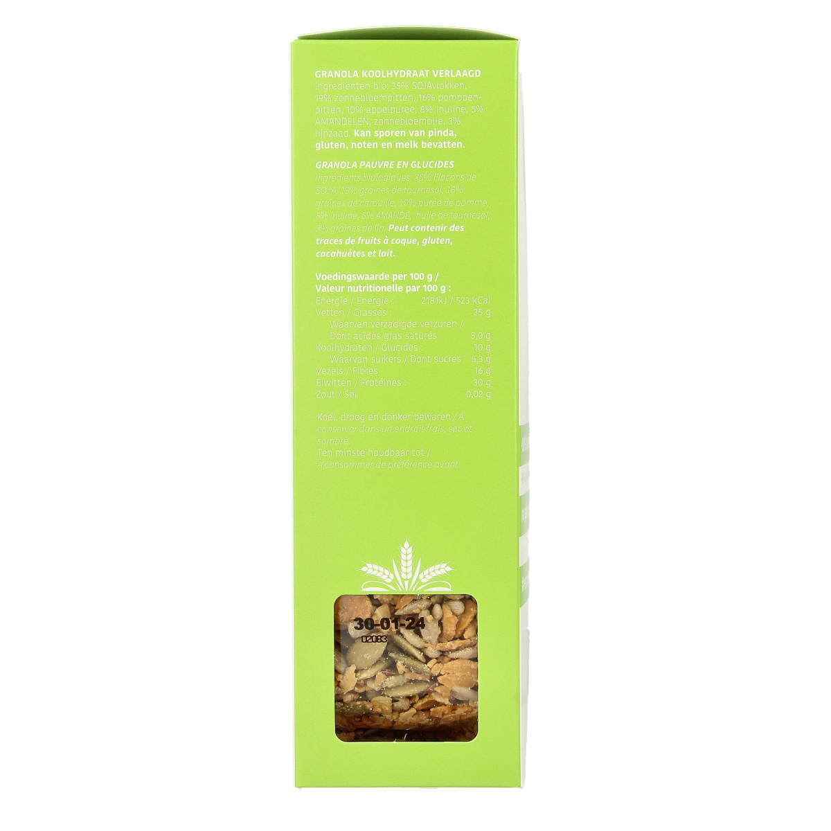 De Halm biologisch koolhydraatverlaagd granola ontbijtgranen in 350g verpakking, met een close-up van de granola en ingrediënten.
