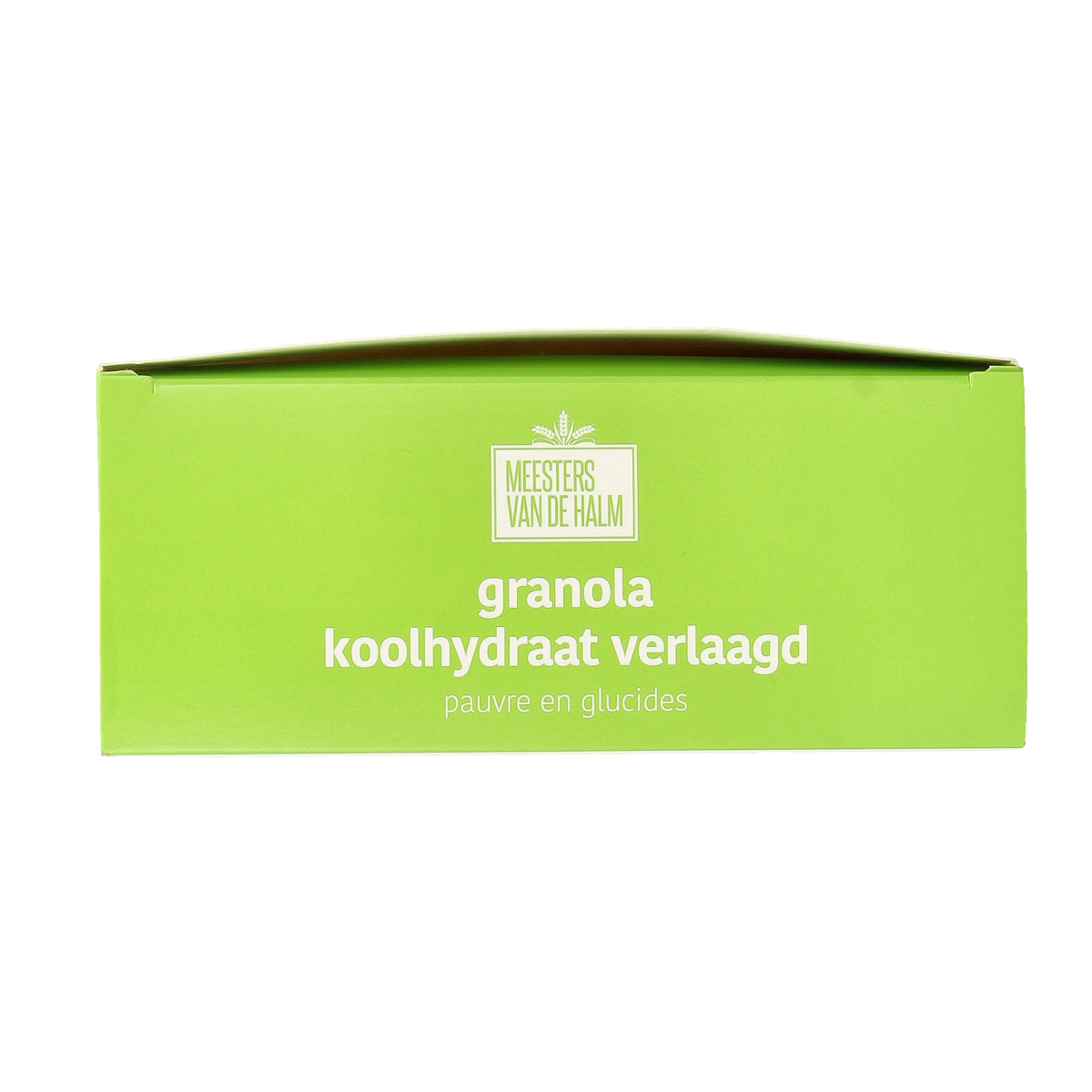 De Halm bio koolhydraatverlaagde ontbijtgranola in een 350 gram verpakking, zichtbaar in de afbeelding.