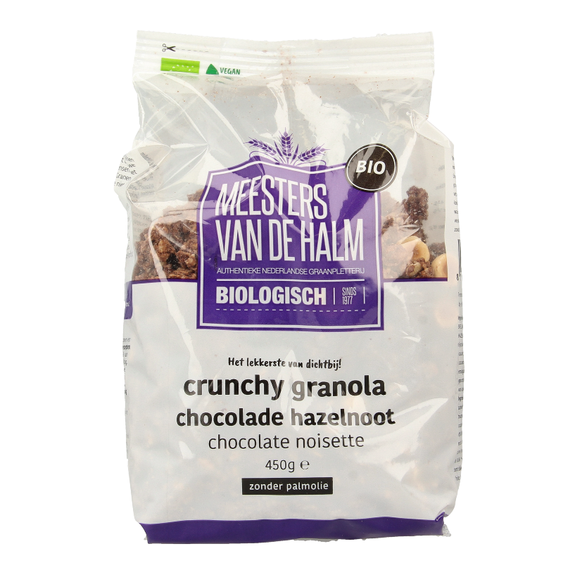 De Halm bio granola met chocolade en hazelnoten in een 450g verpakking, ontbijtgranen met chocolade en noten, gezond ontbijt