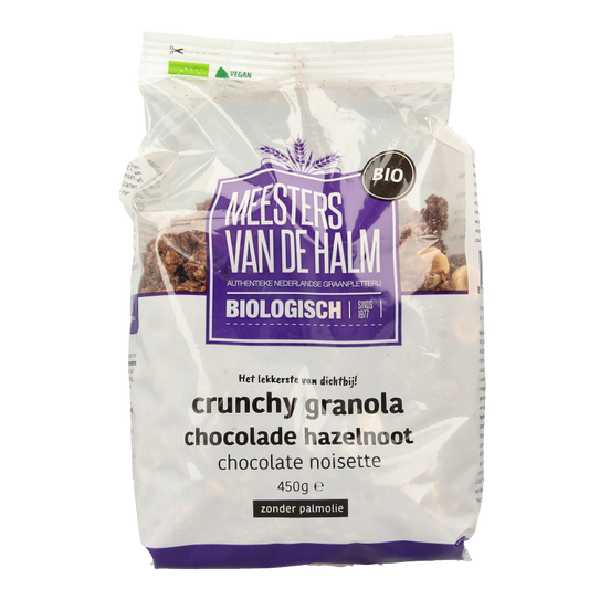 De Halm bio granola met chocolade en hazelnoten in een 450g verpakking, ontbijtgranen met chocolade en noten, gezond ontbijt