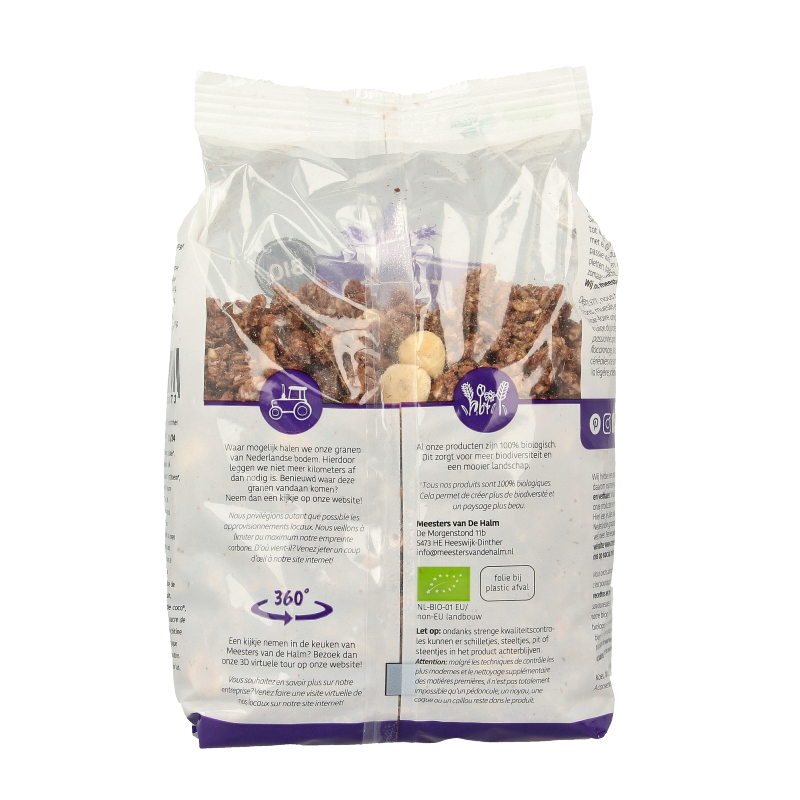 De Halm Granola choco hazelnut bio ontbijtgranen in 450g package, showing a bowl of granola with chocolate and hazelnuts.