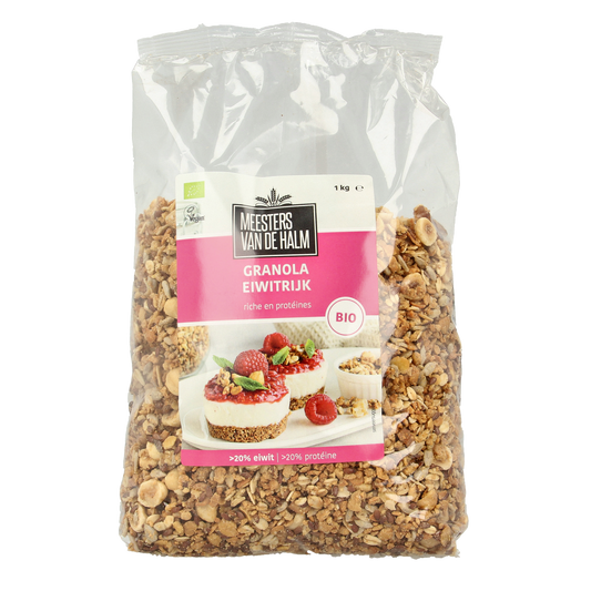 De Halm bio granola ontbijtgranen met eiwitten in een weckpot, 1 kg, voedingsrijk en geschikt voor een gezond ontbijt