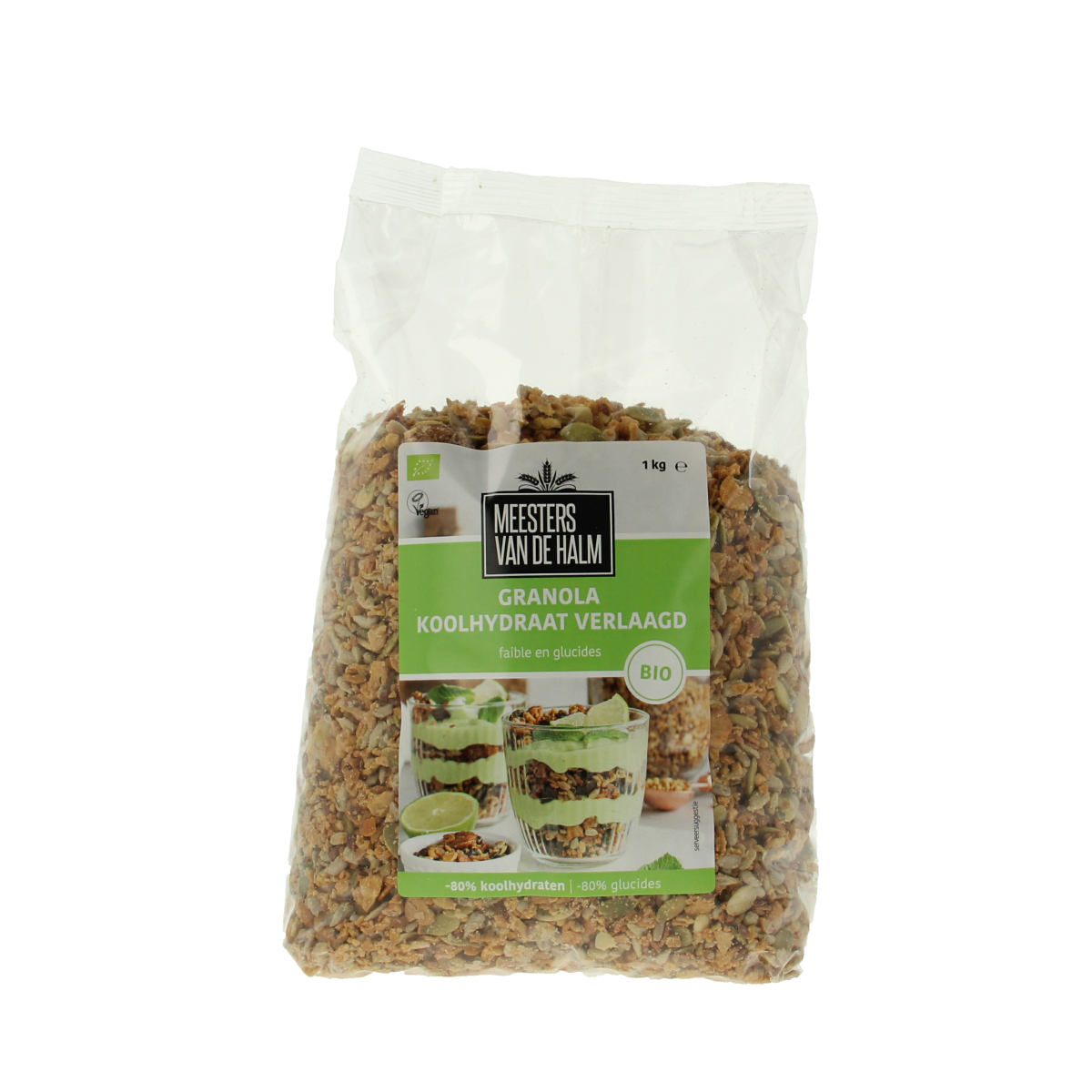 De Halm bio koolhydraatarme ontbijtgranen granola in 1 kg verpakking, natural en voedzaam ontbijtproduct
