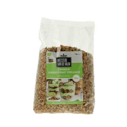 De Halm bio koolhydraatarme ontbijtgranen granola in 1 kg verpakking, natural en voedzaam ontbijtproduct