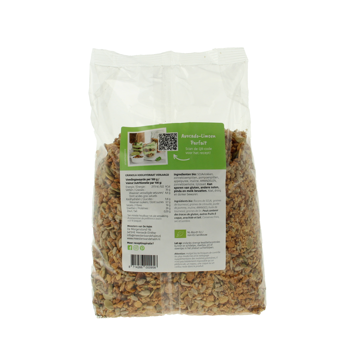 De Halm biologisch koolhydraatverlaagd granola ontbijtgranen in een 1 kg verpakking, met een lichte, knapperige textuur.