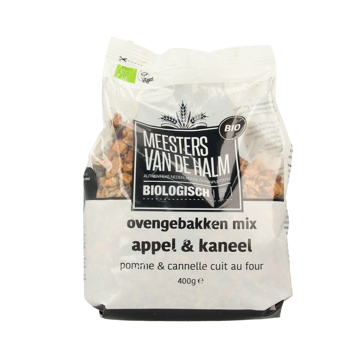 De Halm ovengebakken appel en kaneel bio ontbijtgranen in een 400g doos, zichtbare mix van granen, appels en kaneel.