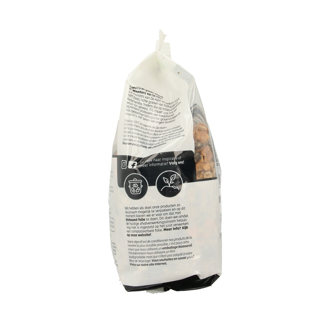 De Halm ovengebakken appel en kaneel biologische ontbijtgranen in 400g package, showing the cereal mix with apple and cinnamon.