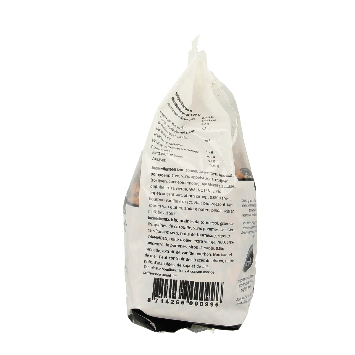 De Halm ovengebakken biologische appel en kaneel ontbijtgranen in 400g verpakking, crispy and flavorful for breakfast.