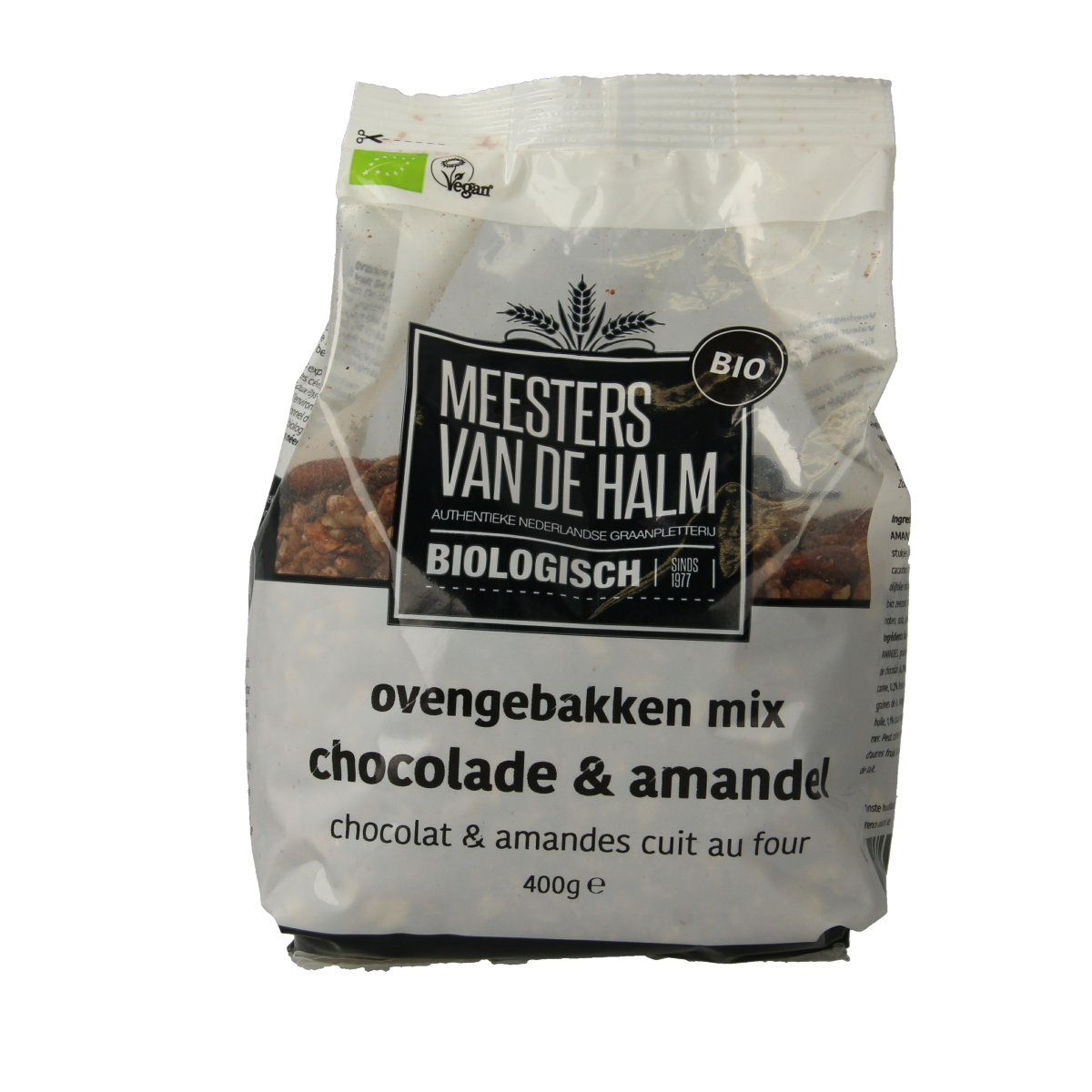 De Halm biologische ovengebakken chocolade en amandel ontbijtgranen in 400g verpakking, showing crunchy cereal with chocolate and almond pieces.