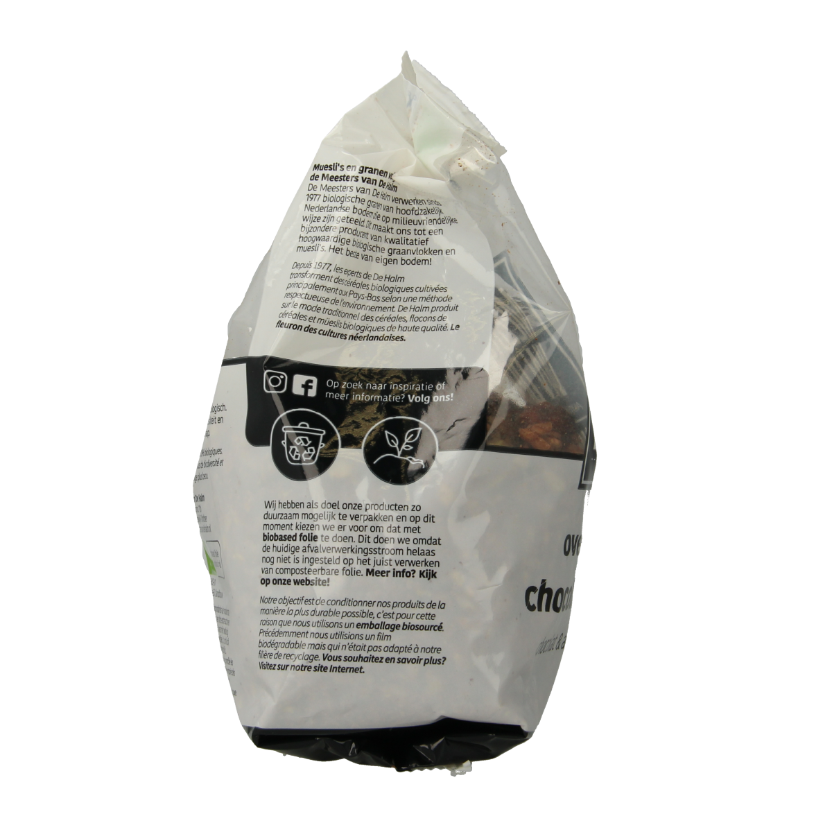 De Halm ovengebakken chocolade en amandel biologische ontbijtgranen in een 400g pak, knapperige en smaakvolle muesli
