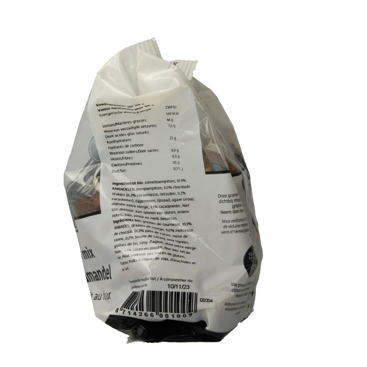 De Halm bio ovenbakken chocolade en amandel ontbijtgranen in 400g verpakking, showing crunchy cereal mix with chocolate and almonds