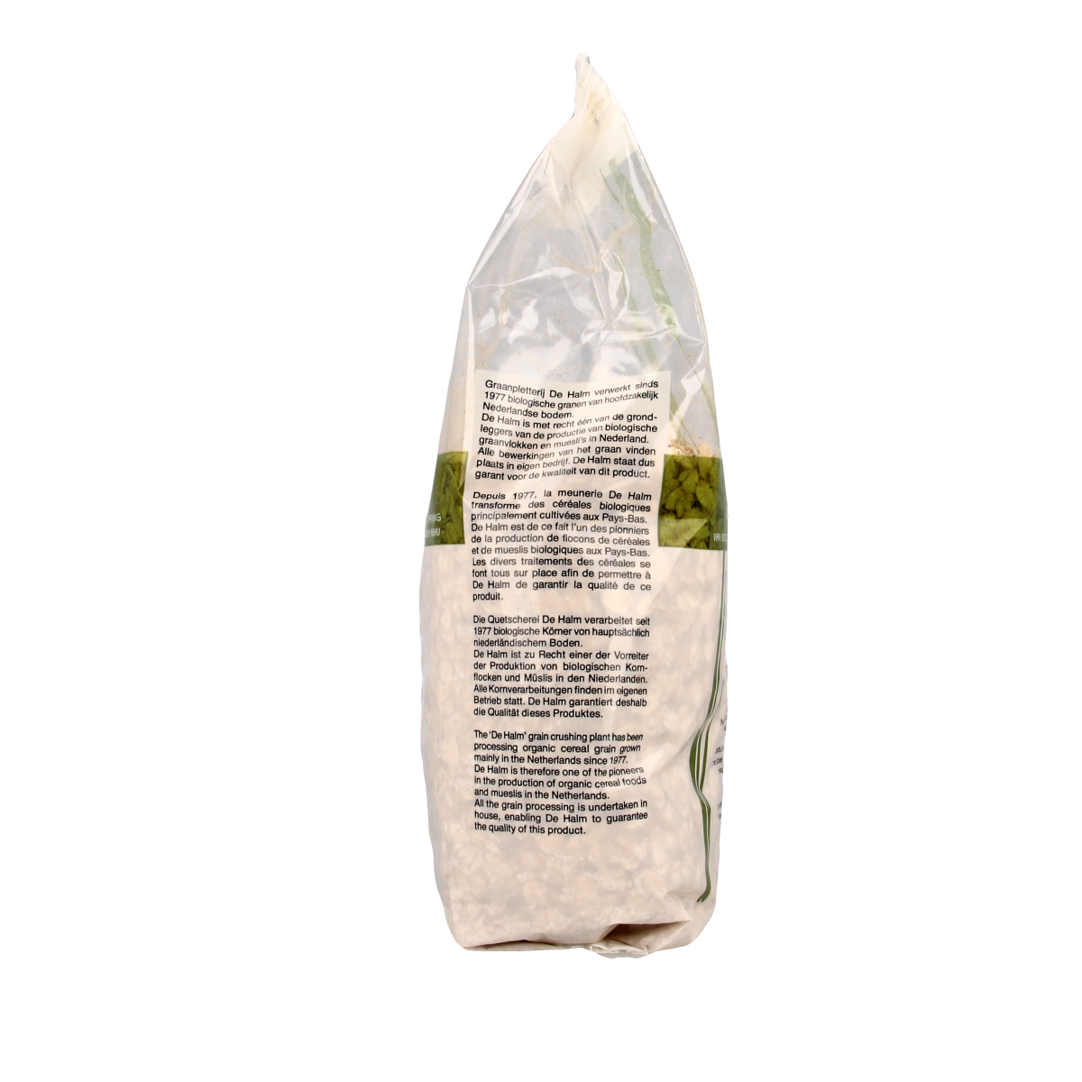 De Halm grof biologische havervlokken ontbijtgranen in een 500g verpakking, zichtbaar in de afbeelding.