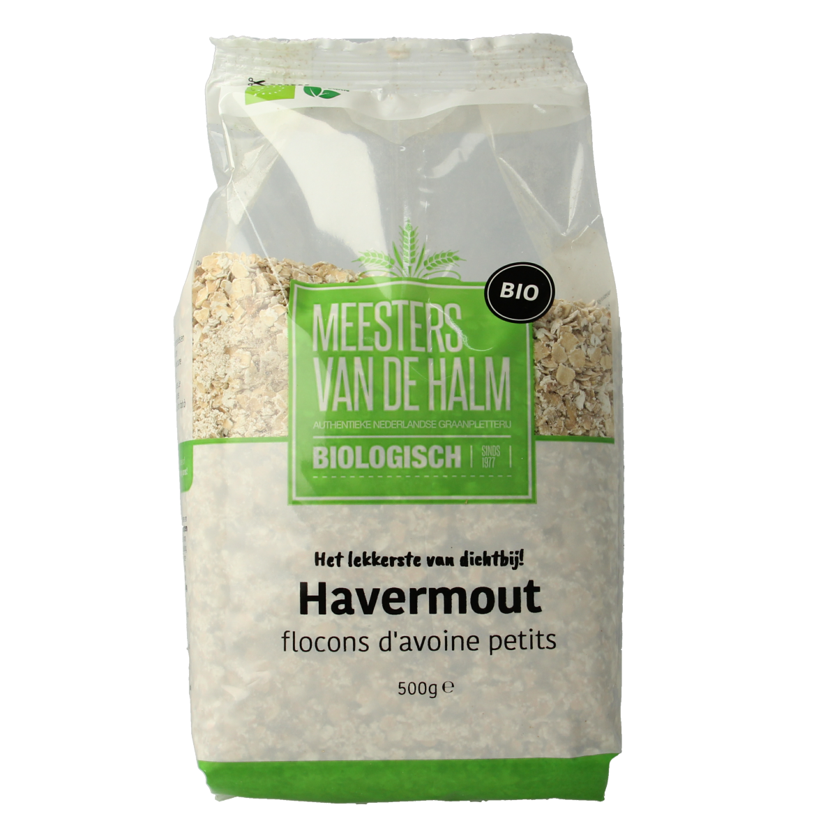 Organic De Halm Havermout oatmeal breakfast grains in a 500g package, shown in a clear image.