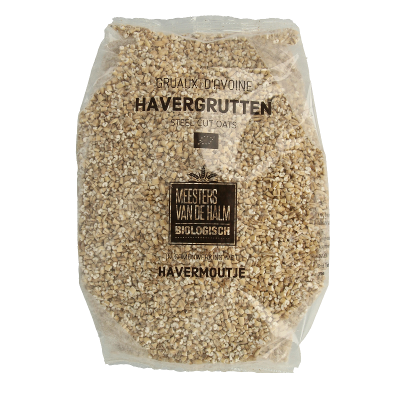 De Halm bio havergrutten ontbijtgranen in 500 gram verpakking, close-up of the crunchy oat flakes