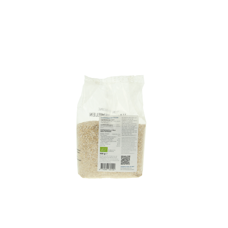 Organic De Halm Haverzemelen breakfast grains in a 500g package, showing golden oat flakes and whole oat groats.