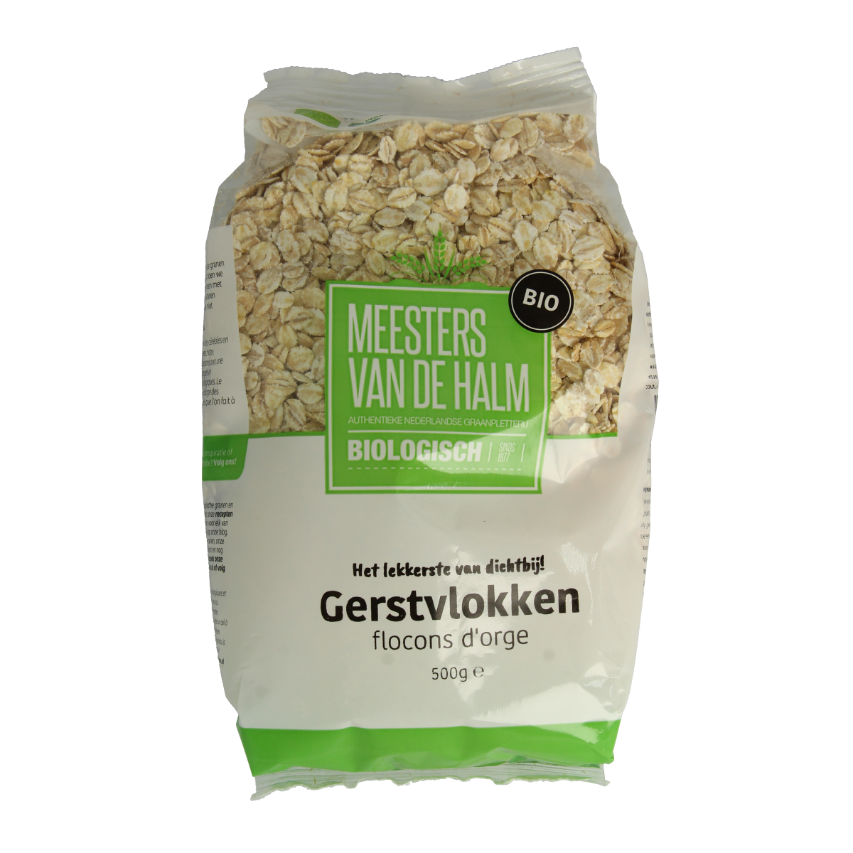 De Halm organic barley flakes in a 500g package, breakfast cereal with natural whole grain appearance