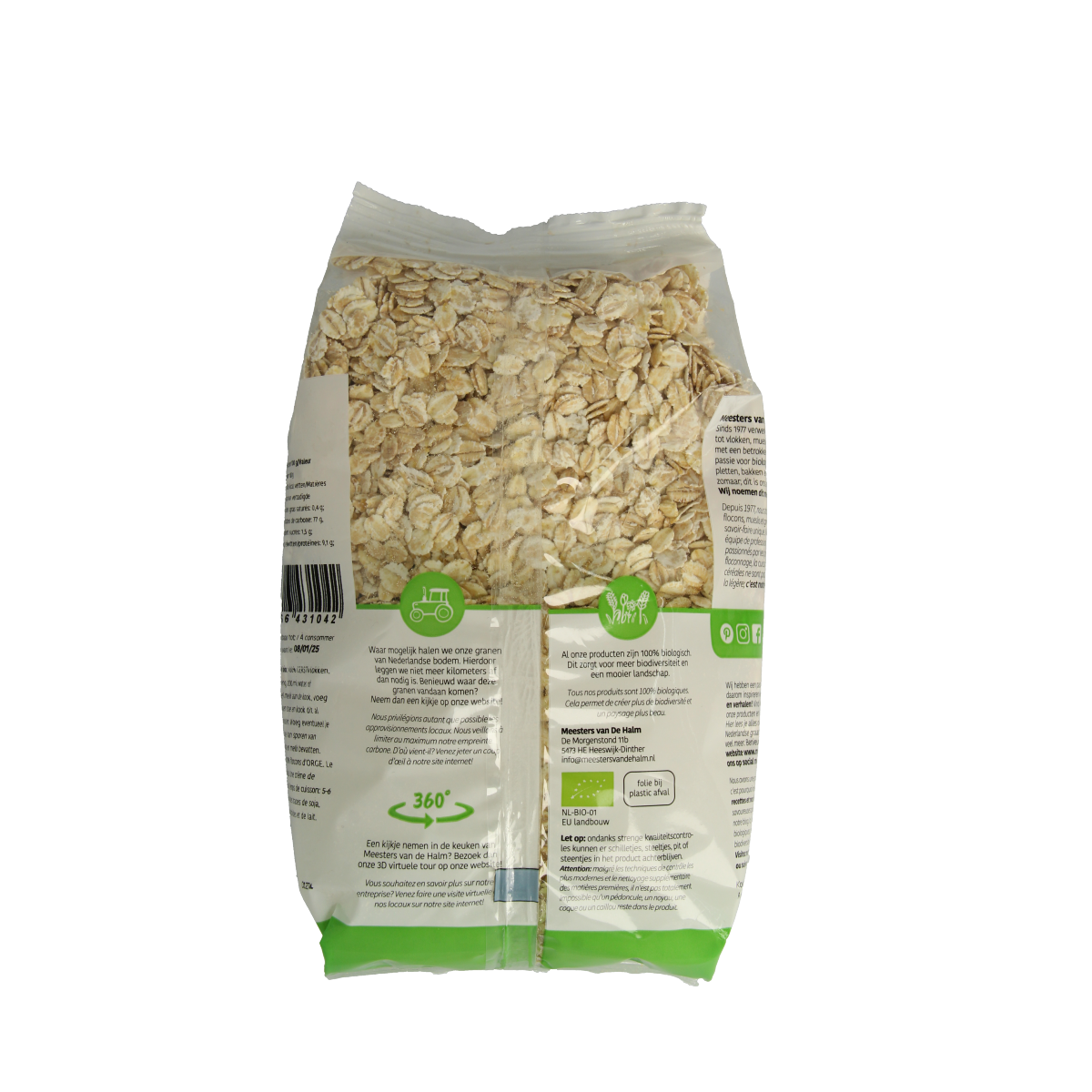 Organic De Halm Gerstvlokken breakfast cereal in a 500g package, featuring toasted barley flakes for a healthy breakfast.
