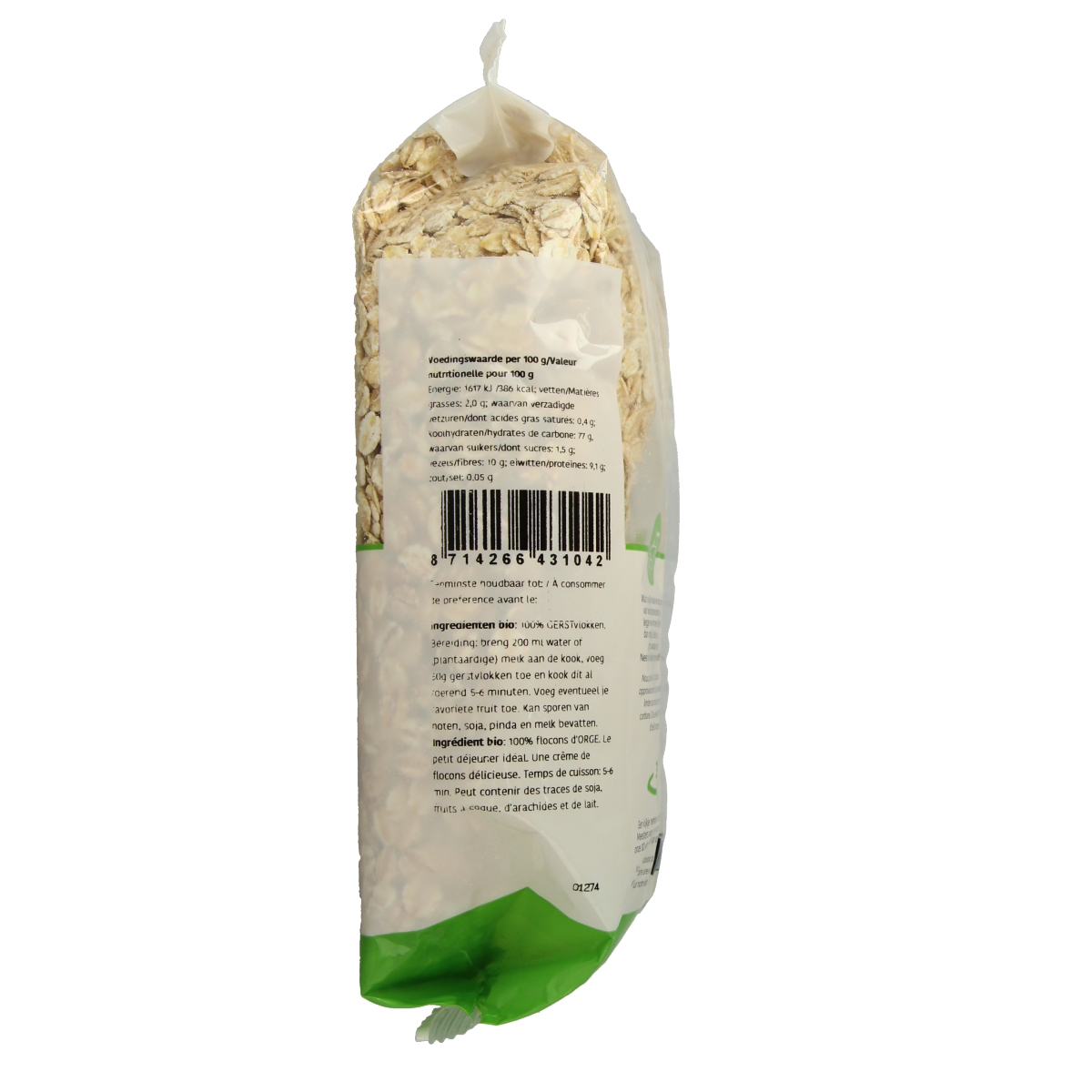 De Halm organic barley flakes in a 500g bag, shown in a clear image, ideal for healthy breakfast cereals.