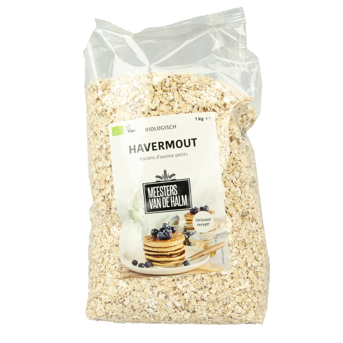 De Halm bio havermout ontbijtgranen in 1 kg package, close-up of the organic rolled oats.