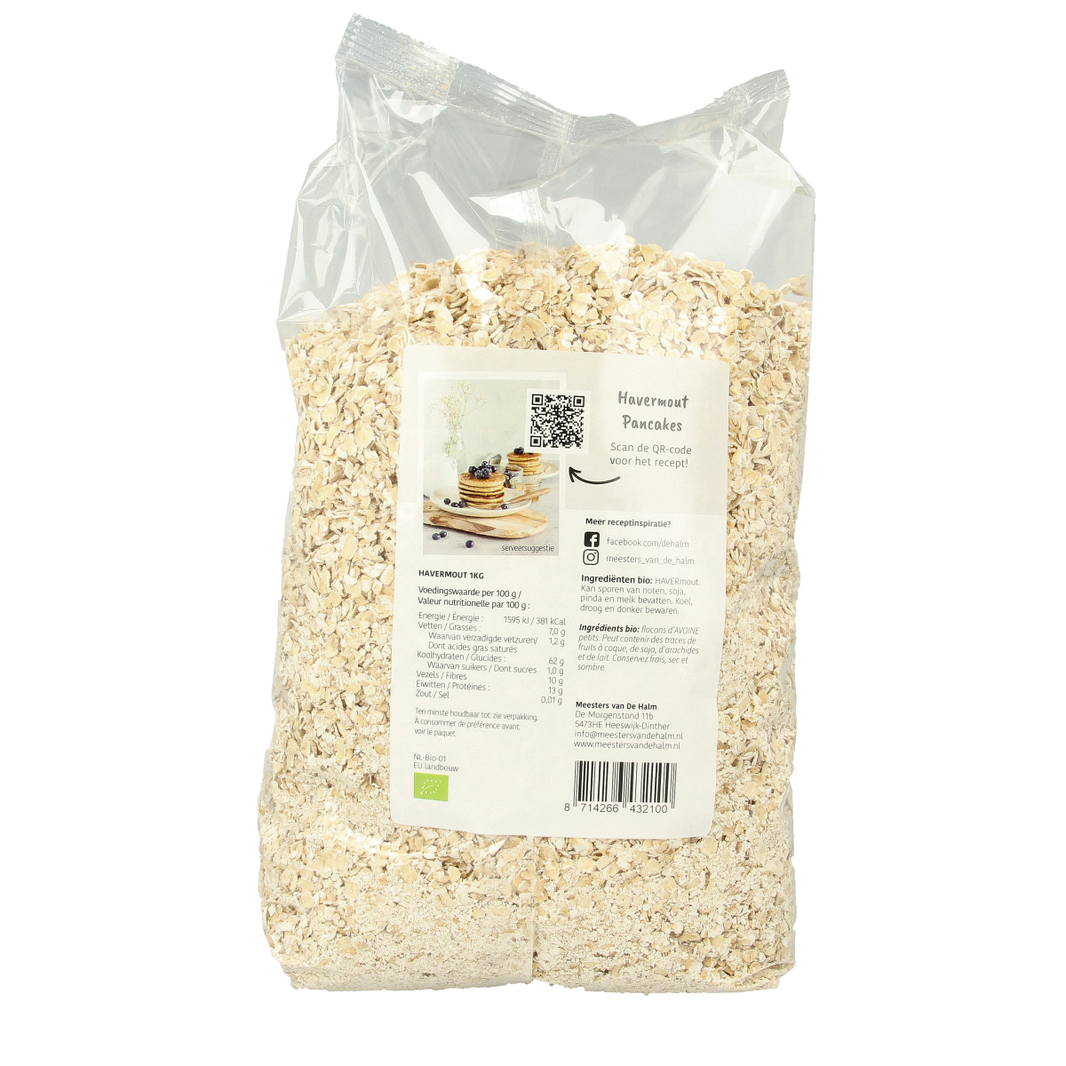 De Halm bio havermout ontbijtgranen in 1 kg package, close-up of the oatmeal flakes in a clear container.